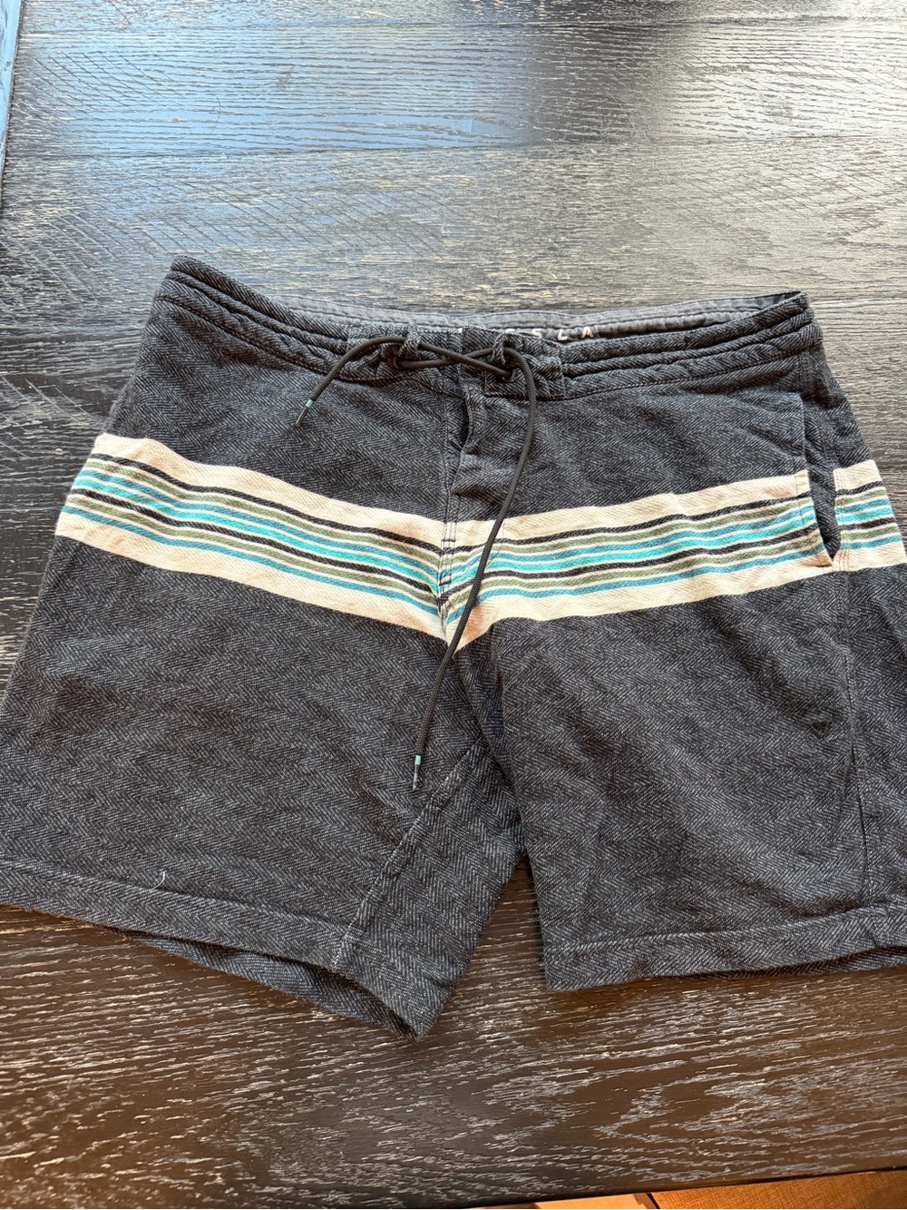 VISSLA Black sweat shorts with Cream and Teal Stripes